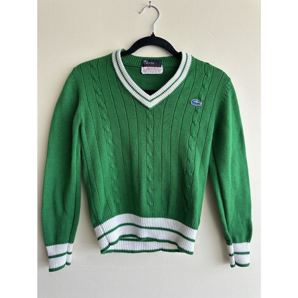 Vintage 80s Izod Lacoste Cable Knit Tennis Sweater Green Collegiate Small XS - Picture 2 of 12
